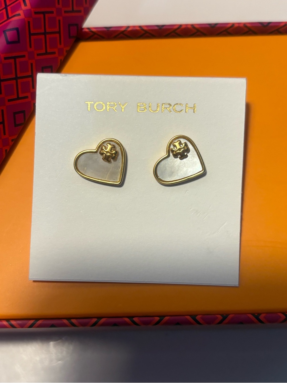 Tory Burch Gold and White Heart Logo Earrings